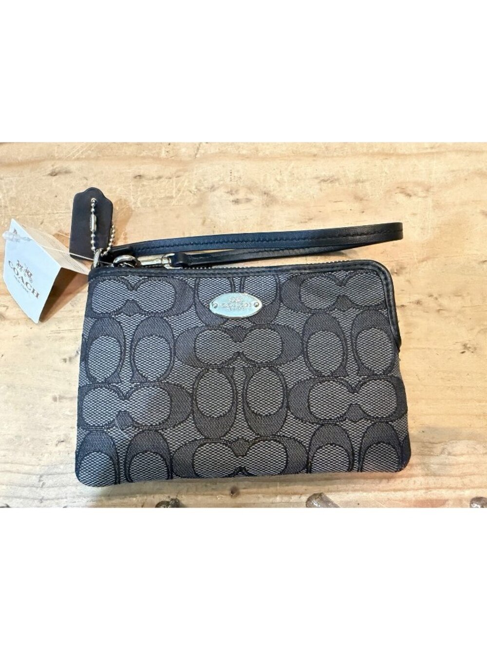 Coach Signature Jacquard Wristlet Clutch Black Smoke Leather Trim Zip Pouch